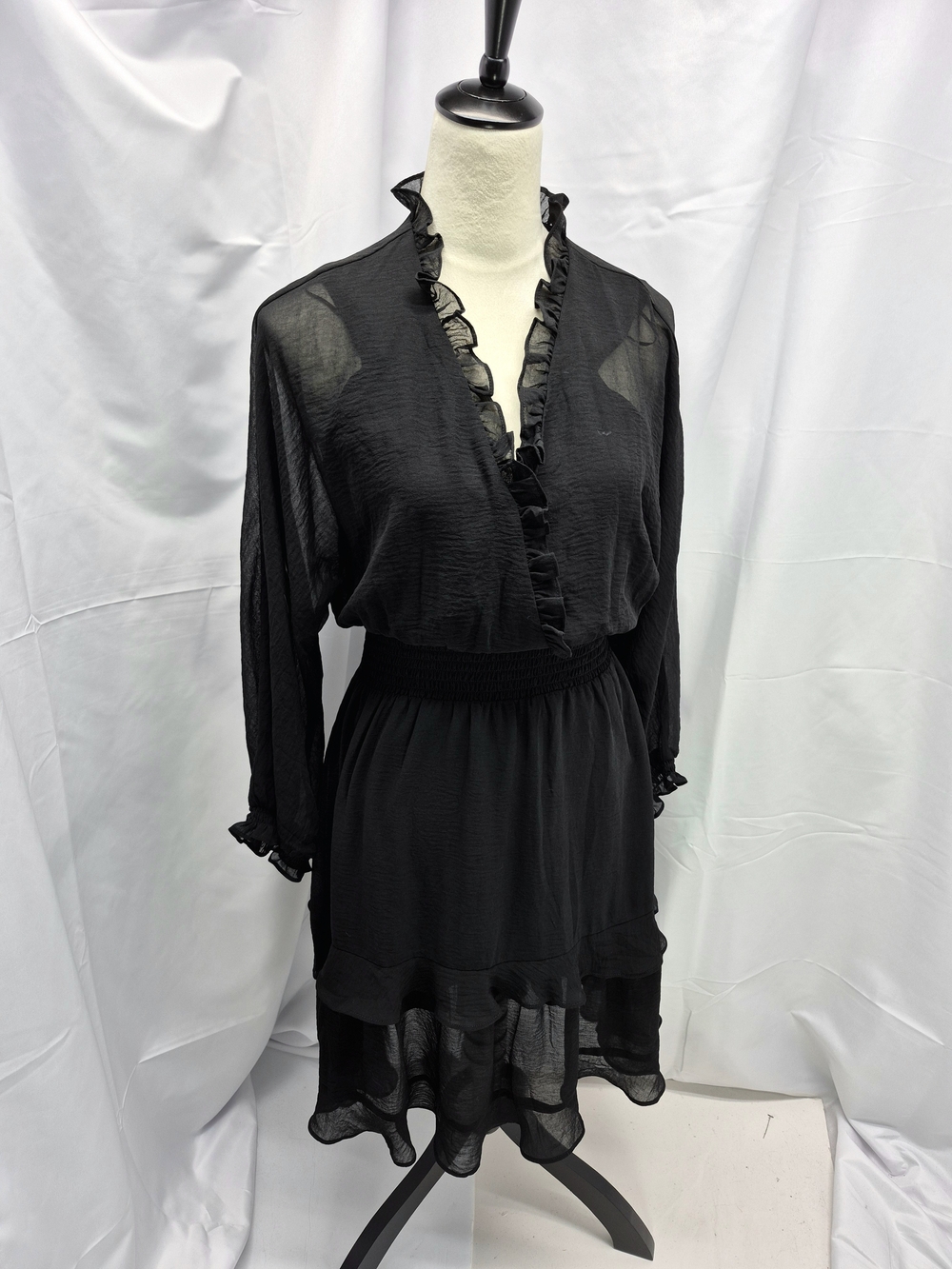 Emma & Michele Black Long Sleeve Smocked Chiffon Ruffle Mini Dress Size M Bundle